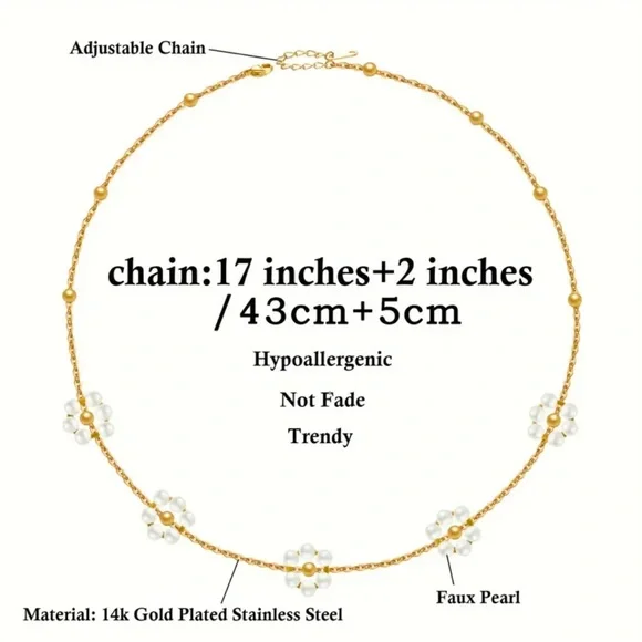 18k Gold Plated Pearl Daisy Multi Flower choker/short necklace. New. - Picture 9 of 14